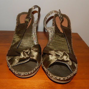 Nue Options Olive Green silk peep toe wedges